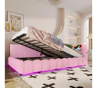 Moimhear Lettino giornaliero, divano letto, letto con rete a doghe, con striscia luminosa a LED, porta USB, finta tessuto non tessuto (idraulico, 140 x 200 cm, rosa)
