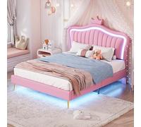 Moimhear Lettino imbottito 90x200 cm, letto singolo per ragazze in pelle PU, con strisce luminose che cambiano colore, rete a doghe e schienale (materasso non incluso) (140x200 cm)