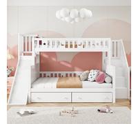 Moimhear Lettino per bambini, 90 x 200 cm+140 x 200 cm, letto a castello con mensola, con gradini di sicurezza, due grandi cassetti e rete a doghe, bianco