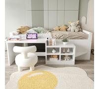 Moimhear Lettino per bambini, 90 x 200 cm, con vano portaoggetti Scrivania con prese secondo la norma europea, letto singolo in legno, bianco, senza materasso