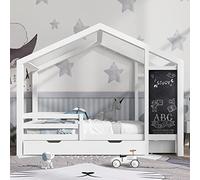 Moimhear Lettino per bambini 90 x 200 cm, letto in legno con lavagna e 2 cassetti, in legno massello con recinzione e rete a doghe, bianco (senza materasso), 357576AAW