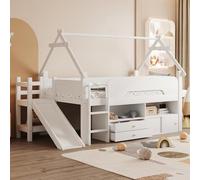 Moimhear Lettino per bambini, 90 x 200 cm, telaio a tetto, con scivolo di sicurezza, con cassetti e ringhiere di sicurezza, letto singolo, letto a soppalco (bianco)