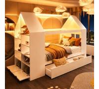 Moimhear Lettino per bambini, design a forma di casa, letto estraibile, illuminazione a LED, vano portaoggetti, bianco