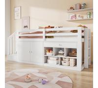 Moimhear Lettino per bambini in legno, 90 x 200 cm, con scale, armadi intercambiabili a sinistra e a destra, cassetti reversibili e utilizzabili come scrivania, bianco