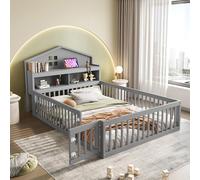 Moimhear Lettino per bambini, in legno massiccio, con ripiani e vano portaoggetti, con griglia di protezione e porta, con cornice per foto (grigio, 140 x 200 cm)