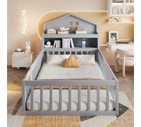 Moimhear Lettino per bambini, in legno massiccio, con ripiani e vano portaoggetti, con griglia di protezione e porta, con cornice per foto (grigio, 90 x 200 cm)