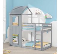 Moimhear Lettino per bambini, Lettino a castello, 90 x 200 cm, profondità del pavimento, con scala e baldacchino (grigio)