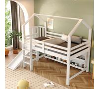 Moimhear Lettino singolo, 90 x 200 cm, multifunzione, con scivolo, scale, armadietto, scaffale, legno massello+MDF, bianco