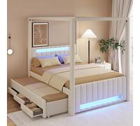 Moimhear Letto a baldacchino imbottito, 140 x 200 cm, con letto estraibile (90 x 190 cm), con tre cassetti, senza materasso (beige)