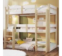 Moimhear Letto a castello, 90 x 190 cm x 3, letto a castello tripla per ragazzi e adulti, bianco + naturale, legno di pino + MDF + Plywood