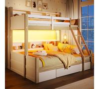 Moimhear Letto a castello, 90 x 200 cm+140 x 200 cm, scala, rete per letto, più armadietti aperti, posizione scala opzionale, 1 cassetto, senza materasso (bianco + naturale)