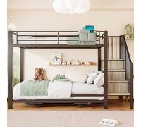 Moimhear Letto a castello, 90 x 200 cm+180 x 200 cm, struttura in ferro, design multifunzionale letto estraibile, borsa in tessuto, scale con vano portaoggetti, senza materasso, colore: nero