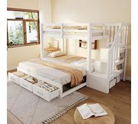 Moimhear Letto a castello, 90 x 200 cm, letto estraibile 90/180 x 190 cm, con scala di stoccaggio con più cassetti, funzione letto estraibile, rete a doghe, letto in legno (bianco)