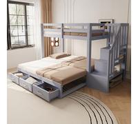 Moimhear Letto a castello, 90 x 200 cm, letto estraibile 90/180 x 190 cm, con scala di stoccaggio con più cassetti, funzione letto estraibile, rete a doghe, letto in legno (grigio)