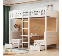 Moimhear Letto a castello, 90 x 200 cm, letto/scrivania 2 in 1, auto-imbottito, con due cassetti grandi, struttura del letto con scala, lettino in legno, lettino (bianco)