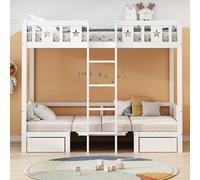 Moimhear Letto a castello 90 x 200 cm, scrivania 2 in 1, auto-imbottito, con due cassetti grandi, struttura del letto con scala, lettino in legno, lettino per bambini, colore: bianco