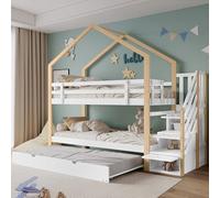 Moimhear Letto a castello 90x200cm&90x190cm con Letto Estraibile e Contenitore, Letto a Soppalco con Scala per 2-3 Ragazzi, Rete a Doghe in Legno, Senza Materasso (Modello 13567)