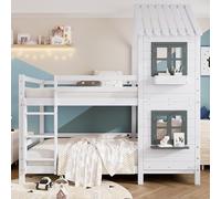 Moimhear Letto a Castello con Corrimano e Finestra, Lettino per Culla con Protezione anticaduta e Griglia, Telaio in Pino, Bianco (90 x 200 cm)