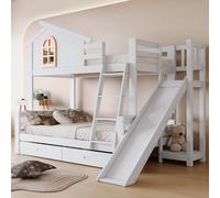 Moimhear Letto a castello con finestre caratteristiche e scala retrattile a quattro livelli, letto per bambini e mamma con scivolo, con due cassetti, struttura del letto in legno massiccio, bianco