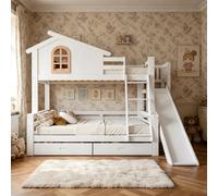 Moimhear Letto a castello con finestre e scala basculante a quattro livelli, letto per bambini e letto madre con scivolo, struttura del letto in legno massiccio, colore bianco, 90 x 200 cm e 120 x 200