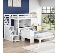 Moimhear Letto a castello con scaffalatura, 90 x 200 cm + 140 x 200 cm, lettino per bambini, con scala di stoccaggio e tavolino portatile, colore: bianco