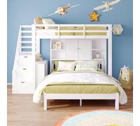 Moimhear Letto a castello con scaffale, 90 x 200 cm + 140 x 200 cm, bianco, legno massiccio + MDF, con scala portaoggetti e tavolino mobile, senza materasso