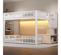 Moimhear Letto a castello con scala di stoccaggio, con LED, colore: bianco, 140 x 200 cm
