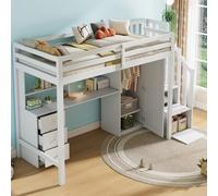 Moimhear Letto a castello con scrivania e armadio, 90 x 200 cm, bianco, scale, letto a castello per bambini, dotato di cassetti e armadietto per scale
