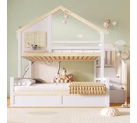 Moimhear Letto a castello, idraulico, con rete per letto, scaletta, decorazione per finestre e casa, bianco e naturale (90 x 200 cm e 140 x 200 cm)