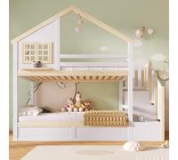 Moimhear Letto a castello idraulico, con rete per letto, spazio sotto il letto, decorazione per finestre e casa, bianco e naturale (90 x 200 cm)