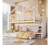 Moimhear Letto a castello, in legno, 90 x 200 cm + 140 x 200 cm, decorazione per finestre, scaletta senza materasso, bianco + naturale, legno di pino + MDF + Plywood
