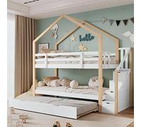 Moimhear Letto a castello, Letto a casa sull'albero estraibile, Letto scorrevole, Scala con 4 cassetti, Letto per bambini con protezione anticaduta, con reti a doghe, Naturale+Bianco (90x200cm