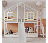 Moimhear Letto a castello, letto in legno con scale e lettino, con scivolo e finestra, struttura in legno massiccio, bianco(90x200 cm)