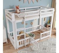 Moimhear Letto a castello, letto in legno di pino + LVL, con scala ad angolo retto, con ringhiera e porta, con protezione anticaduta, spazio libero sotto il letto, 90 x 200 cm (bianco)