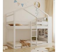 Moimhear Letto a castello, letto per ragazzi, entrambi i piani con ripostiglio, conforme alla norma EN747, legno di pino bianco (doghe solo al piano superiore), 90 x 200 cm