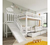 Moimhear Letto a castello matrimoniale, 90 x 200 cm x 2, bianco, con scale e 2 cassetti, con porta magnetica, legno massiccio + MDF, senza materasso
