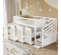 Moimhear Letto a castello multifunzionale, letto per bambini con protezione anti-caduta e griglia, con scrivania/armadio/scomparti, con 2 scomparti nella scala, pino+MDF, bianco, 90x200cm