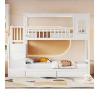 Moimhear Letto a castello per bambini 90x200 cm, letto matrimoniale in legno massiccio, a forma di casa con finestre, con cassetti portaoggetti e scala di sicurezza (bianco)