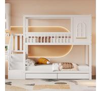 Moimhear Letto a castello per bambini 90x200cm, letto matrimoniale in legno massiccio, forma casa con finestre, design con recinzione di sicurezza, con cassetti e scala di sicurezza, letto per