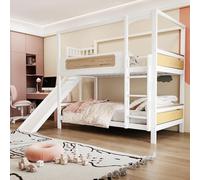 Moimhear Letto a castello per bambini con telaio a forma di casa, griglia di protezione a forma di kek, scivolo e scala di sicurezza extra larga, colore legno, 90 x 200 cm