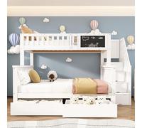 Moimhear Letto a castello per bambini, letto a due piazze, 90x200cm+140x200cm, letto multifunzionale per bambini, con lavagna e cassetti, senza materasso (Bianco)