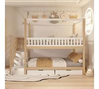 Moimhear Letto a castello per bambini, letto matrimoniale in legno massiccio, design a griglia di sicurezza, con ripiani e scala di sicurezza (colore legno + bianco, 90 x 200 cm, con cassetto)