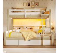 Moimhear Letto a castello, scala, sponda per il letto, più armadietti aperti, posizione della scala opzionale, 1 cassetto, barra luminosa a LED, senza materasso (bianco naturale)