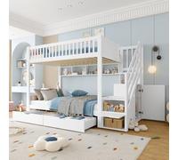 Moimhear Letto a castello, senza materasso, lettino con mensola, con armadio, con vano portaoggetti, legno di pino+MDF (bianco con cassetti, 90 x 200 cmx2)