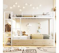 Moimhear Letto a castello, telaio in ferro, 2 cassetti, diversi ripiani, con barra luminosa a LED, con asta appendiabiti (bianco, 90 x 200 cm)