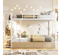 Moimhear Letto a castello, telaio in ferro, 2 cassetti, diversi ripiani, con barra luminosa a LED, con asta appendiabiti (bianco, 140 x 200 cm)
