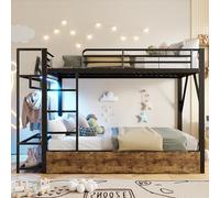 Moimhear Letto a castello, telaio in ferro, 2 cassetti, diversi ripiani, con barra luminosa a LED, con asta appendiabiti (nero, 140 x 200 cm)