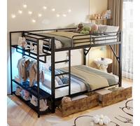 Moimhear Letto a castello, telaio in ferro, 2 cassetti, più ripiani, con asta, senza materasso (nero, 140 x 200 cm)