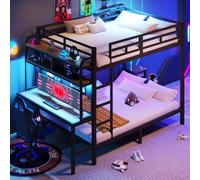 Moimhear Letto a castello, telaio in ferro, con ripiano e scrivania, con striscia luminosa a LED, porta USB, con ringhiera di sicurezza e scala, senza materasso, 140 x 200 cm (nero)