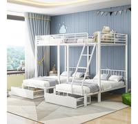 Moimhear Letto a castello tripla con cassetti, struttura in metallo, trasformabile in letto matrimoniale 140x200 e 2 letti singoli 90x200, letto con struttura in metallo multifunzionale (bianco)